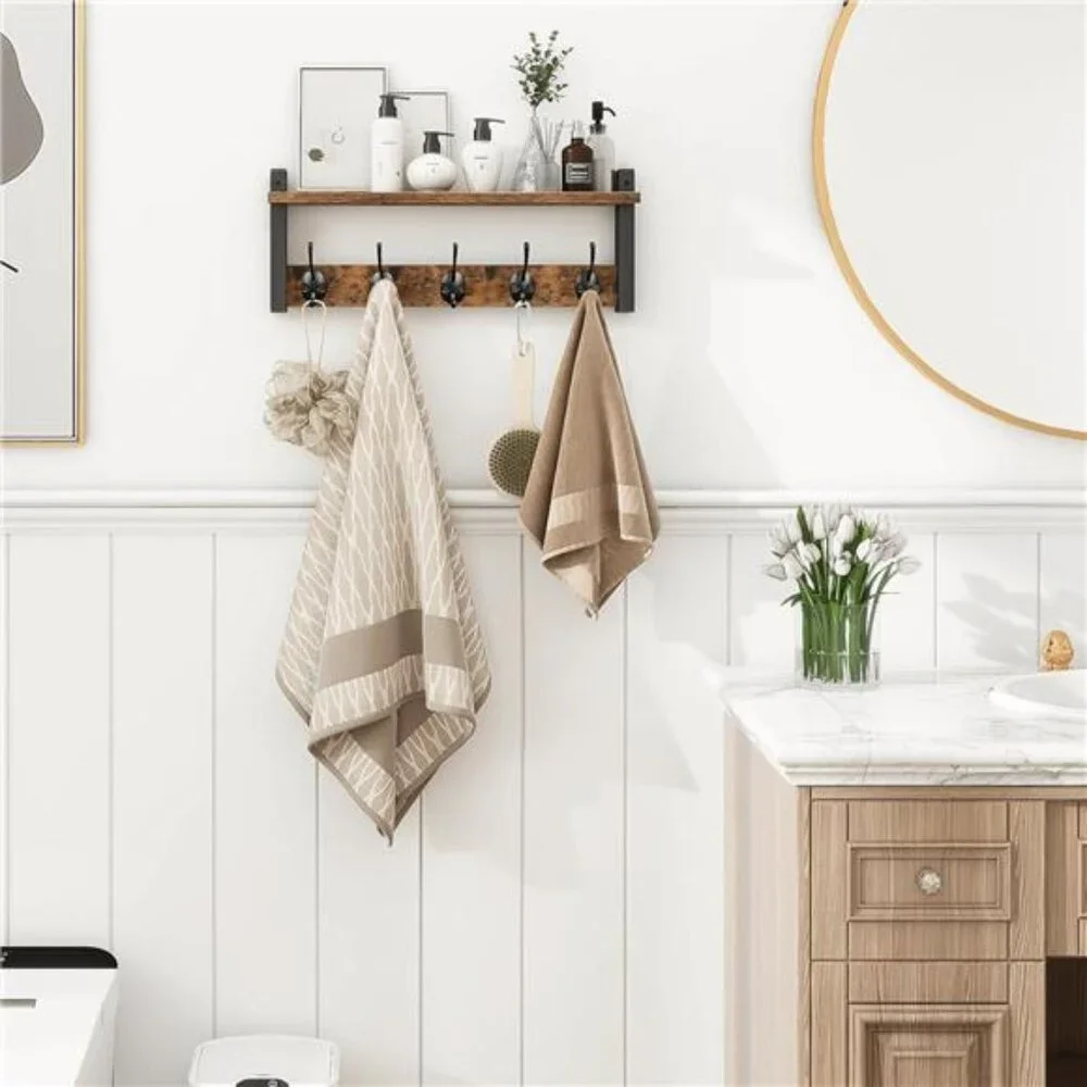 Wall Hooks with Shelf, Wood Coat Rack with Shelf Wall-Mounted, Entryway Hanging